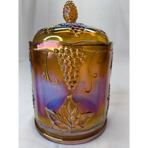 VTG Indiana Glass Harvest Grape Marigold Carnival Glass Lidded Canister 8"